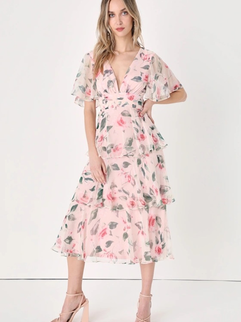 Lulu's Marvelous Charm Blush Floral Flutter Sleeve Tiered Midi Dress